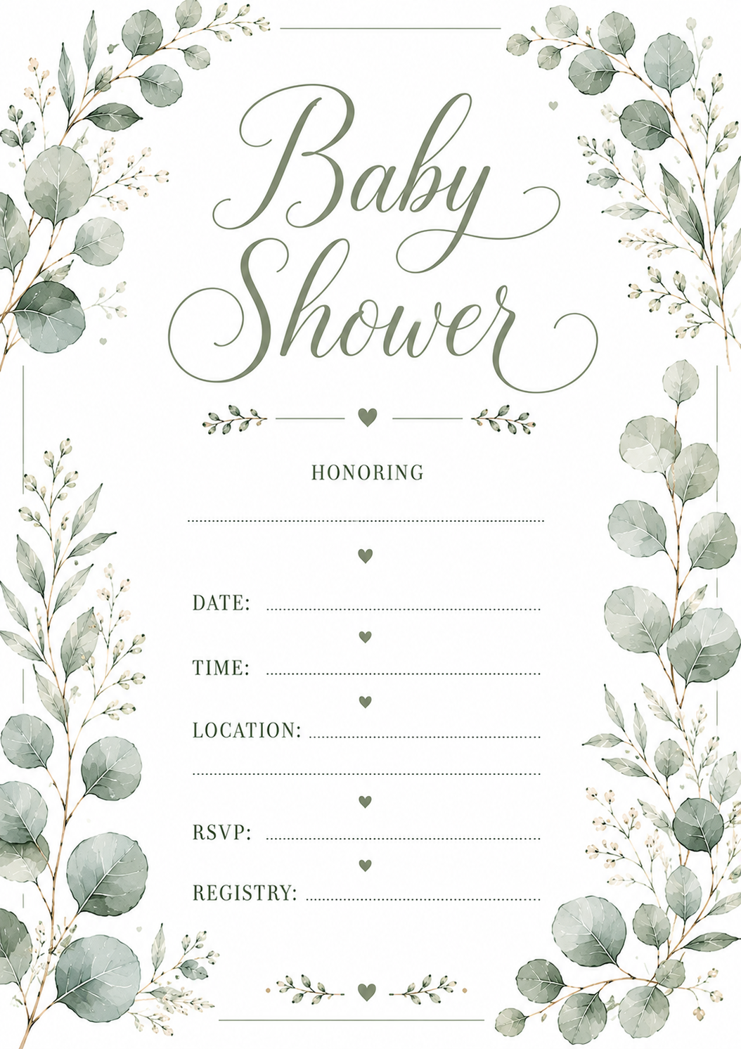 Eucalyptus themed watercolor minimalist baby shower printable invitation. Printable 5x7 baby shower invitation template with soft floral border  Watercolor floral baby shower invite featuring elegant script title  Minimal baby shower invitation with fill-