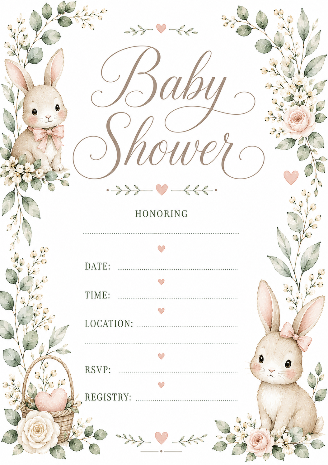 Printable 5x7 baby shower invitation template with soft floral border  Watercolor floral baby shower invite featuring elegant script title  Minimal baby shower invitation with fill-in event details  Printable baby shower invitation with botanical watercol