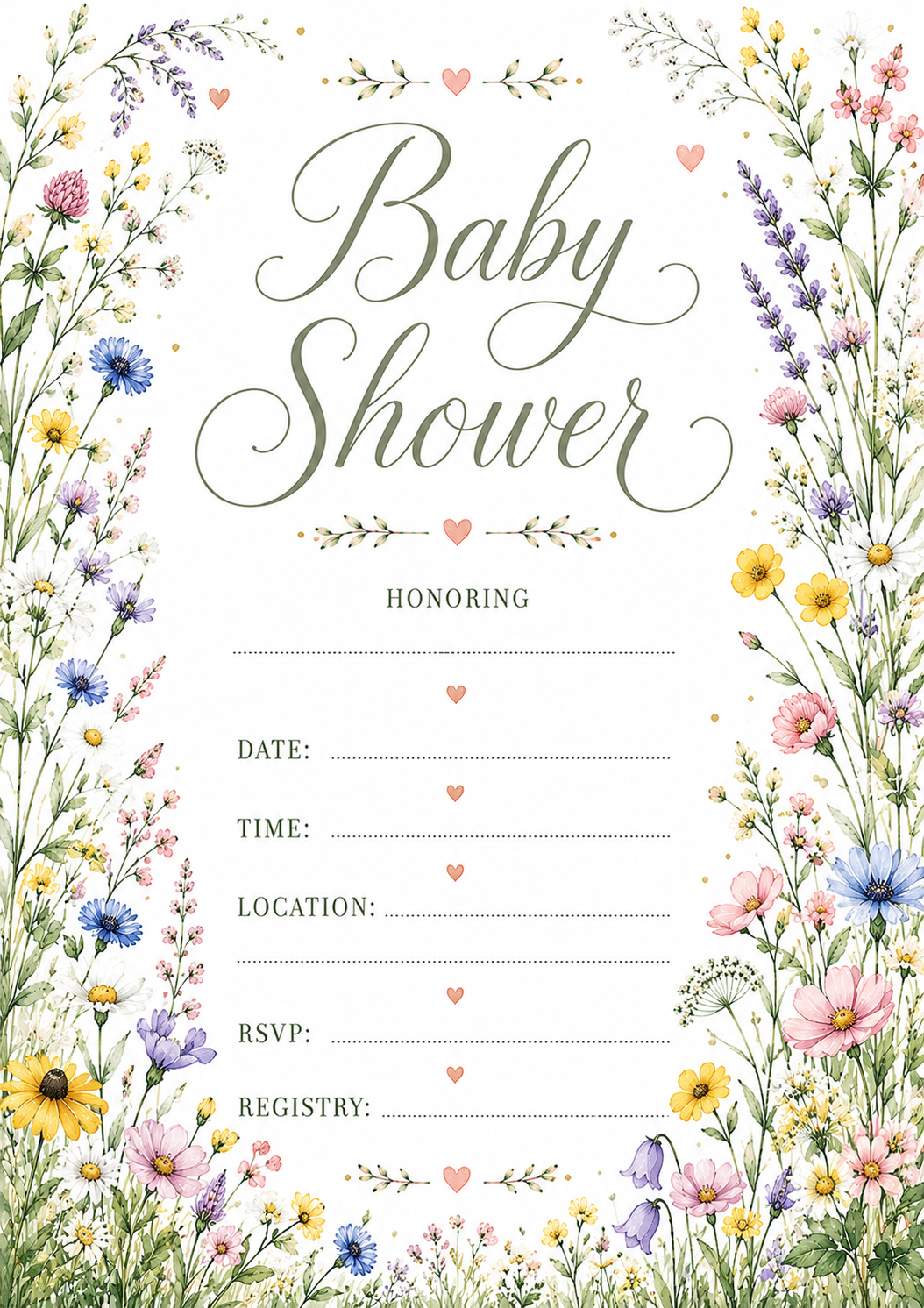 Watercolor elegant wildflower meadow themed baby shower 5x7 invitation