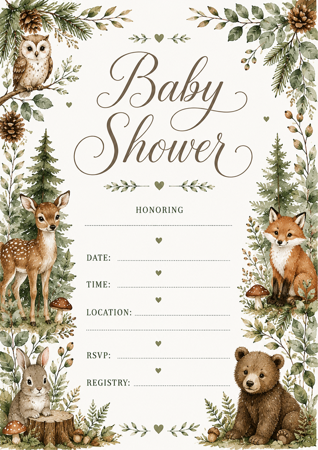 Elegant baby shower invitation with watercolor floral frame and white background  Printable 5x7 baby shower invitation template with soft floral border  Watercolor floral baby shower invite featuring elegant script title  Minimal baby shower invitation wi