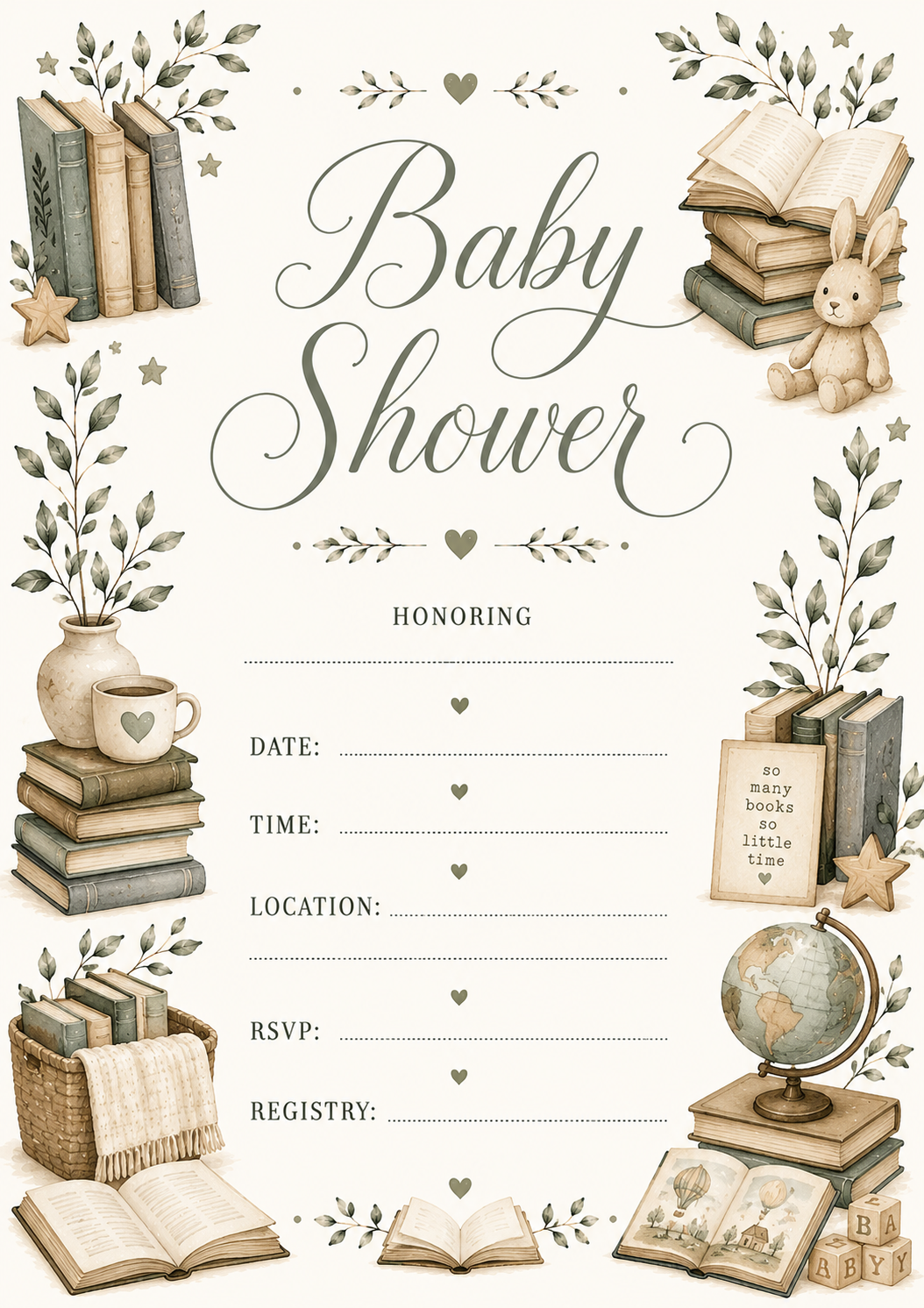 Library, book, bookish cozy theme gender neutral watercolor baby shower invitation