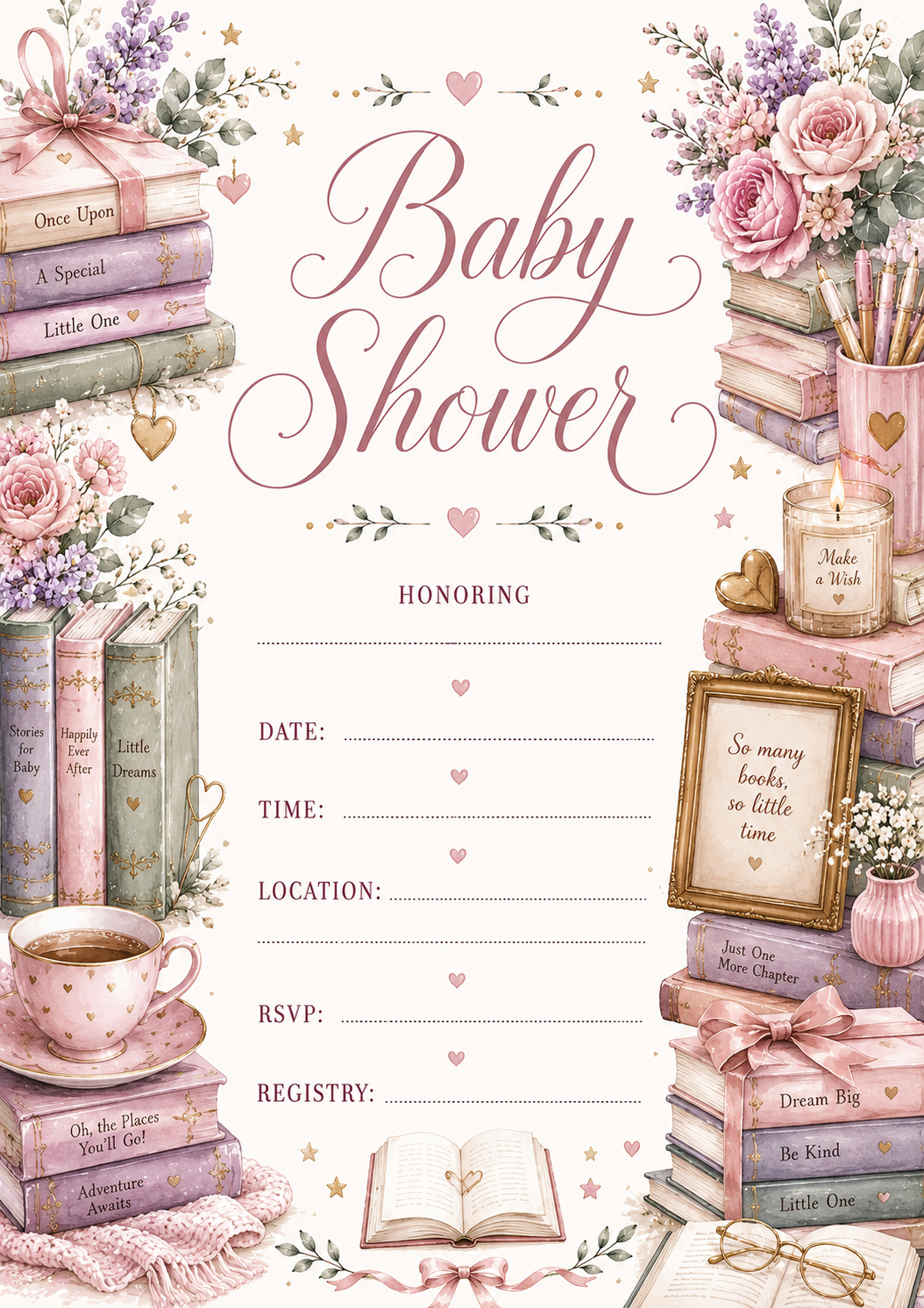 Girlie theme pink book library watercolor baby shower invitation, Printable 5x7 baby shower invitation template with soft floral border, booktok inspired floral baby shower editable baby shower invitation template