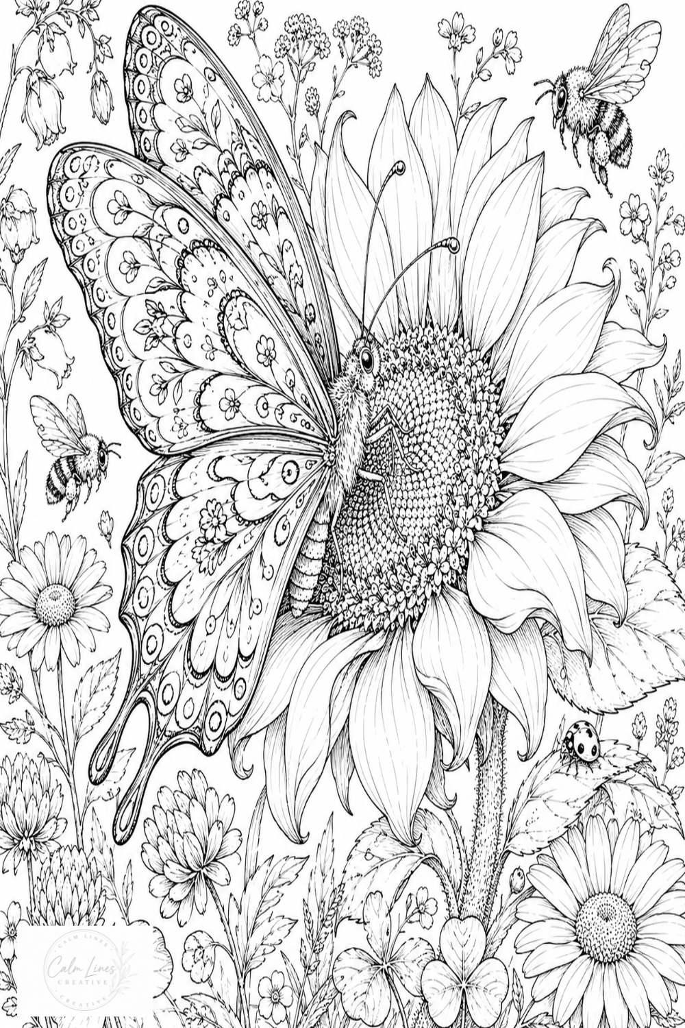 Cottage garden coloring page featuring a detailed butterfly resting on a large sunflower, surrounded by blooming flowers and leaves.