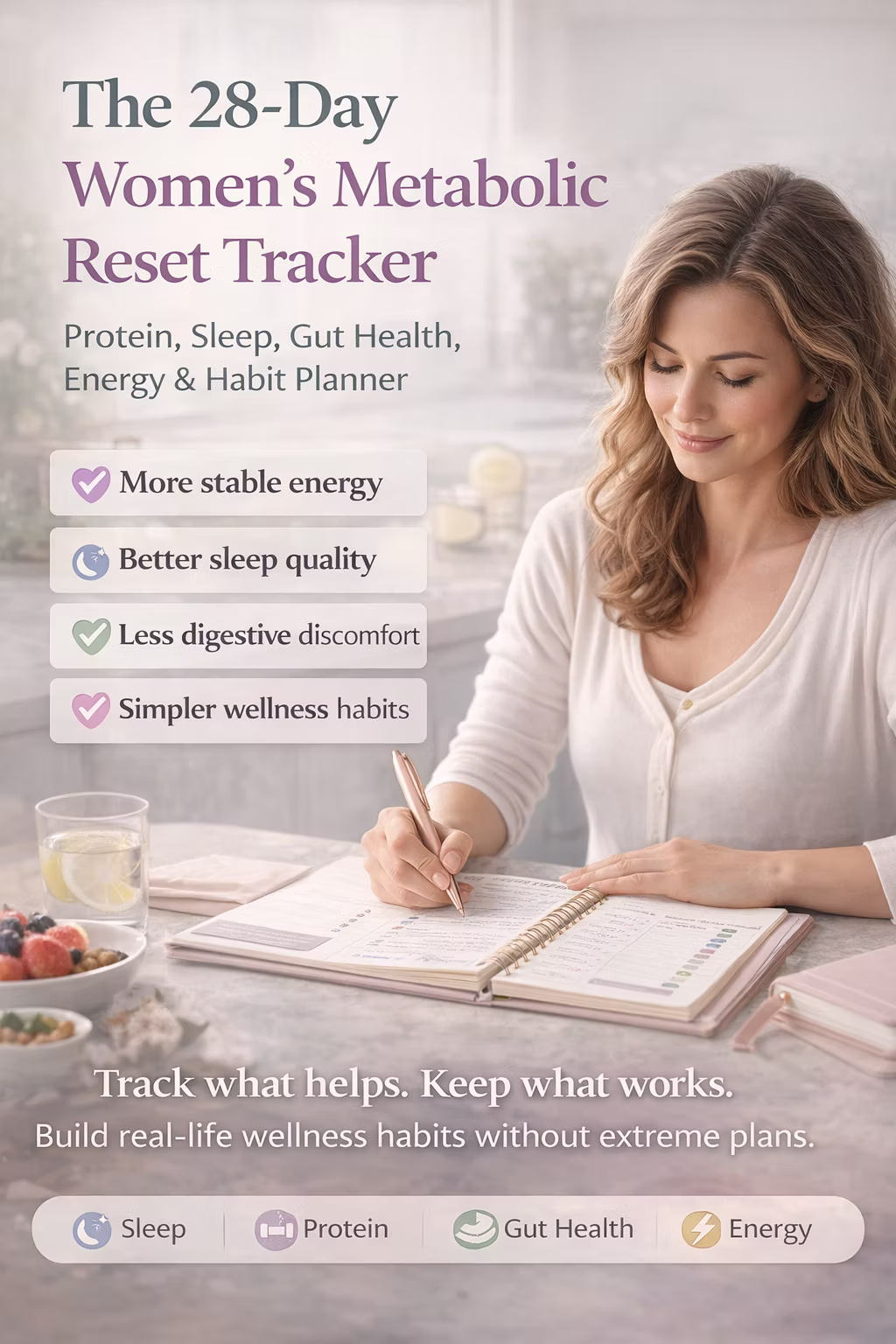 28-Day Metabolic Reset Tracker | Protein, Sleep & Gut Health Journal PDF — Printable for Women