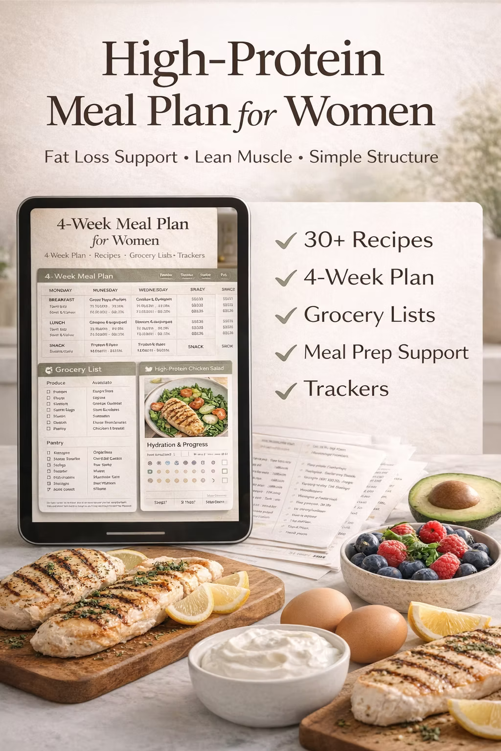 4-Week High-Protein Lean Body Plan PDF | 30+ Recipes, Meal Prep & Shopping Lists for Women