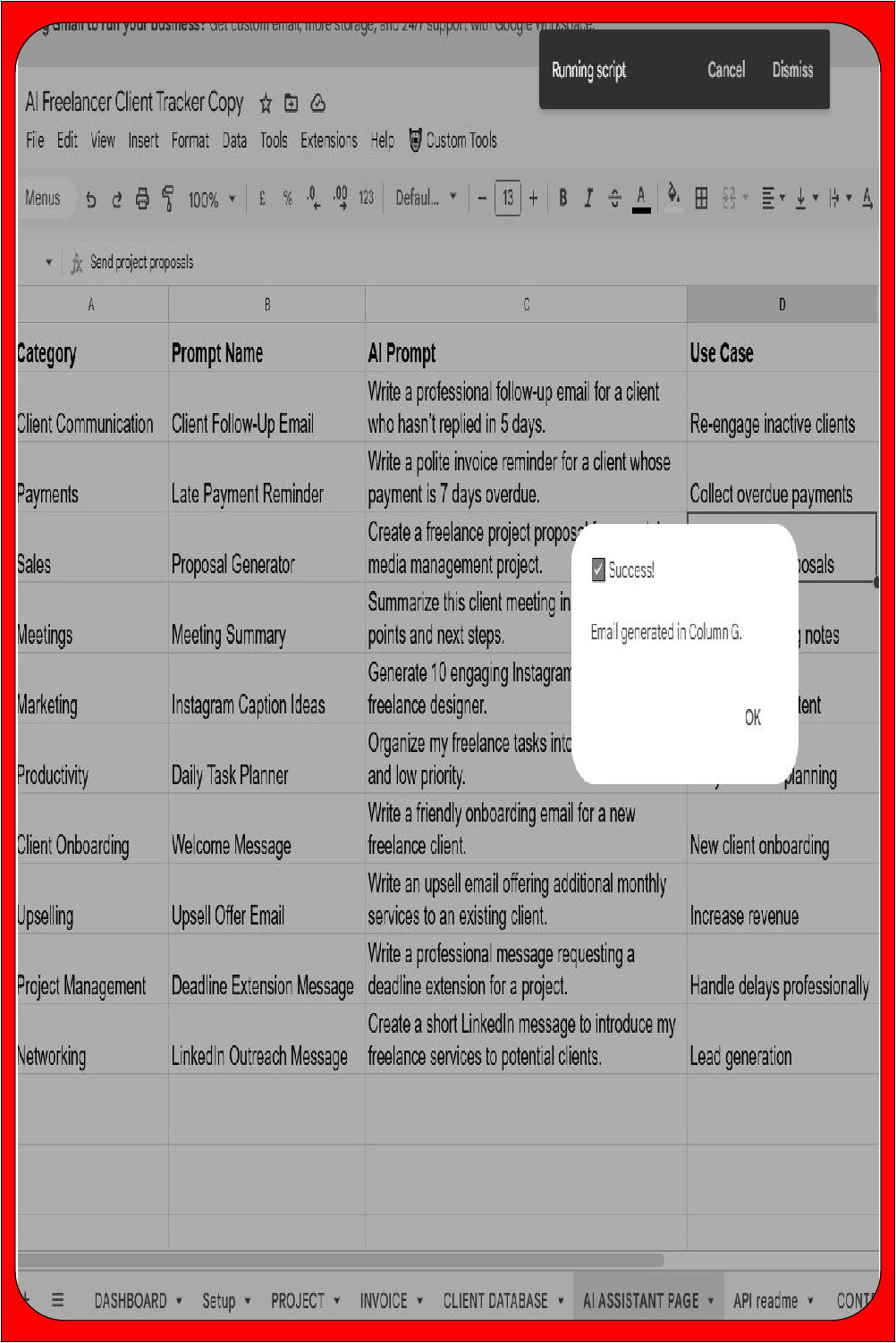 Google Sheets interface showing a prompt library table with an active AI script success message popup.