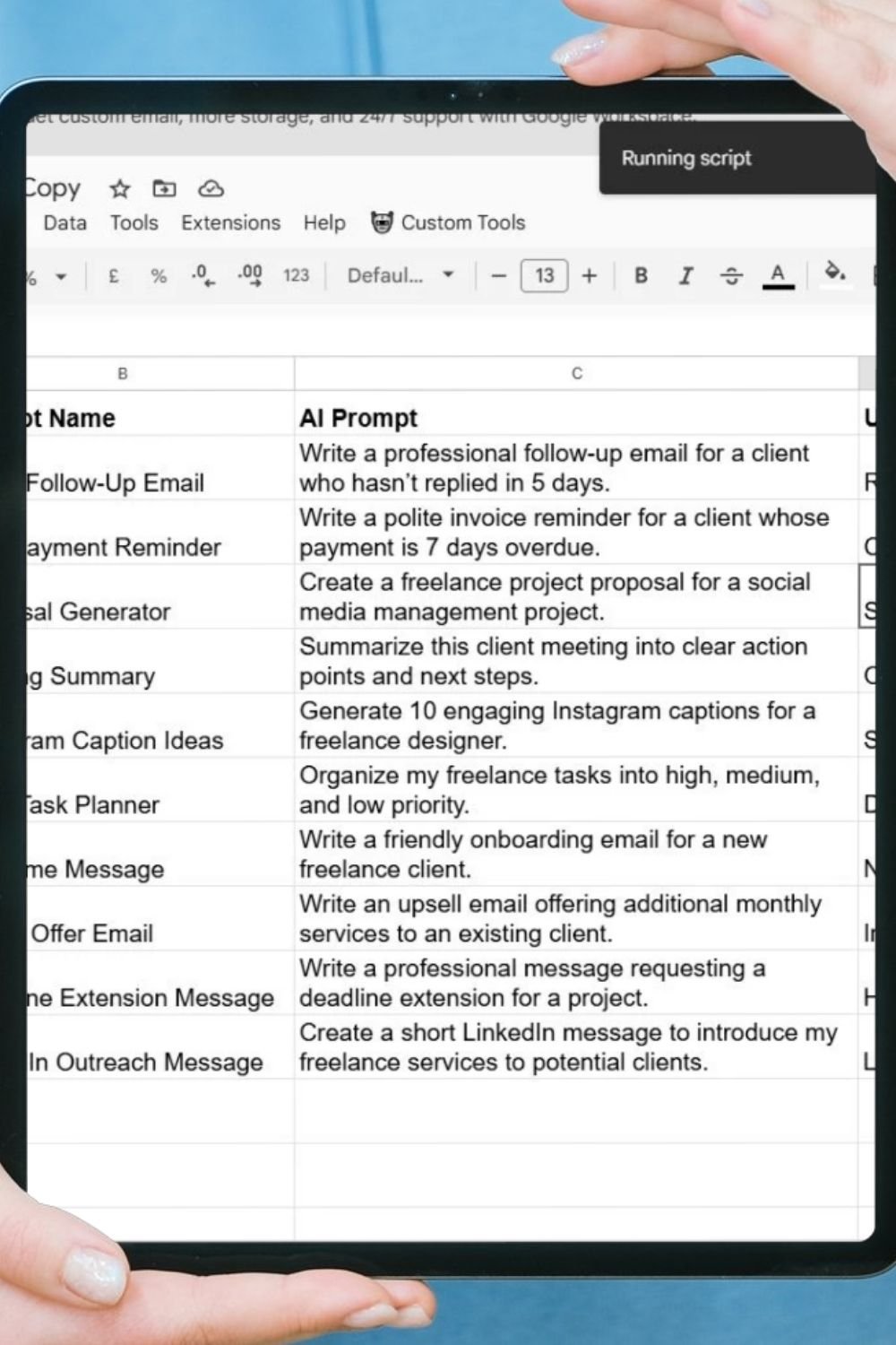 Close-up of a tablet screen running a Google Sheets AI script over a structured prompt library table.