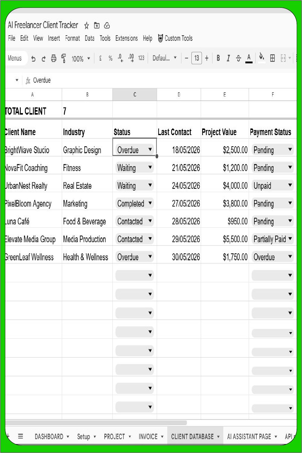 Google Sheets client tracker database displaying client names, industries, project values, and payment status dropdowns.