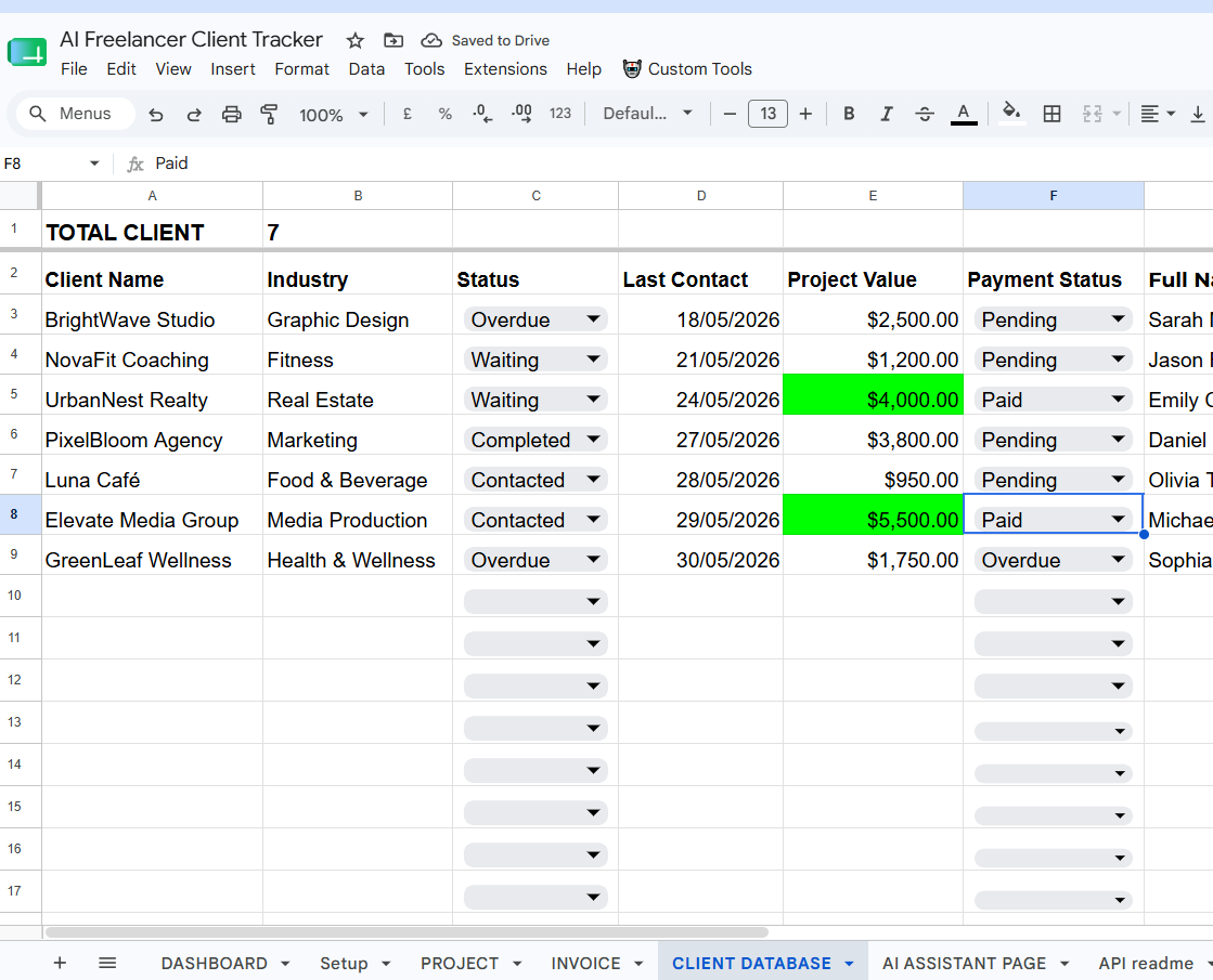 Google Sheets client tracker database displaying client names, industries, project values, and payment status dropdowns.