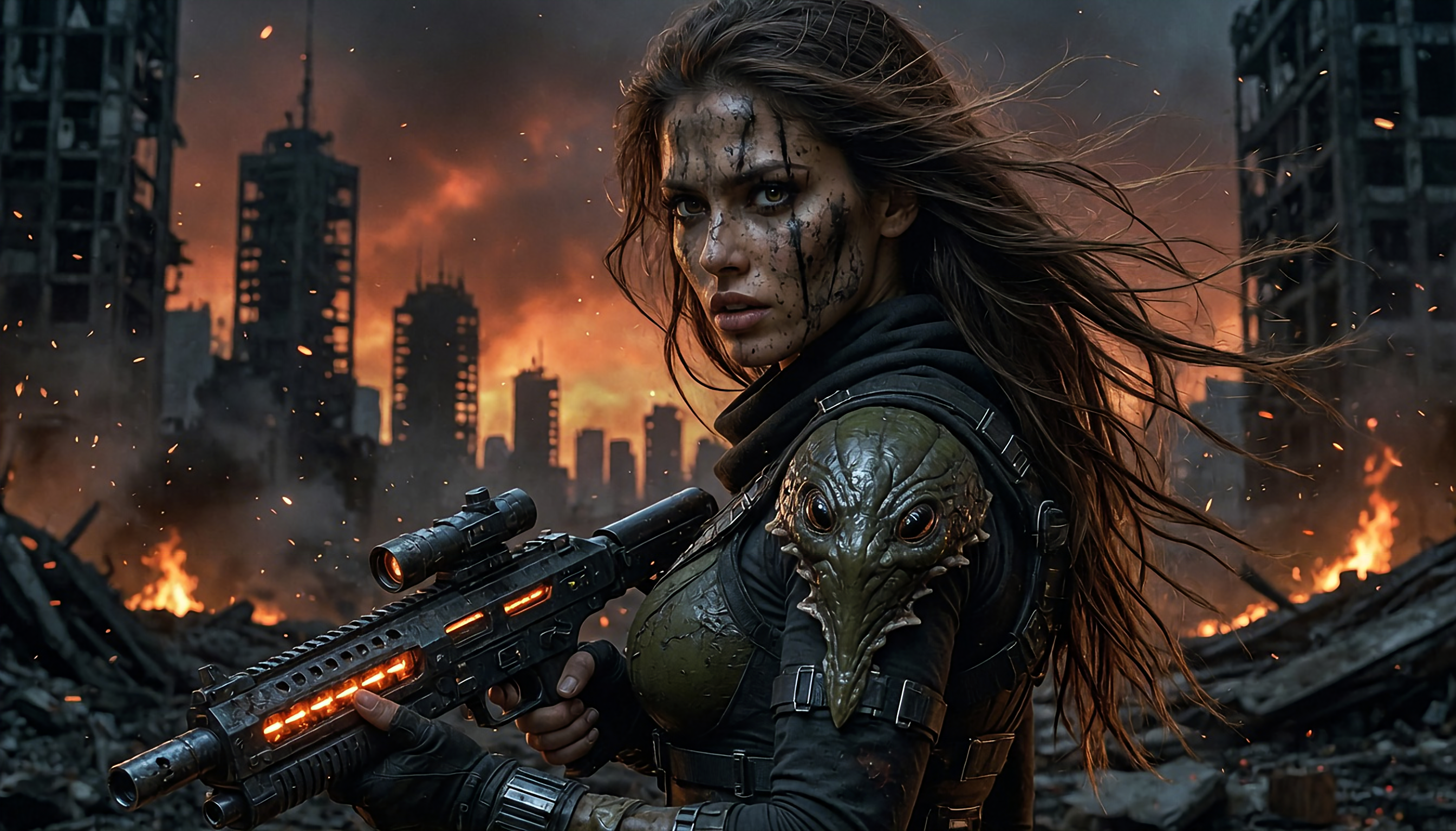 Female Columbian former ninja, now intergalactic super soldier, in the mist and the heart of intergalactic battles