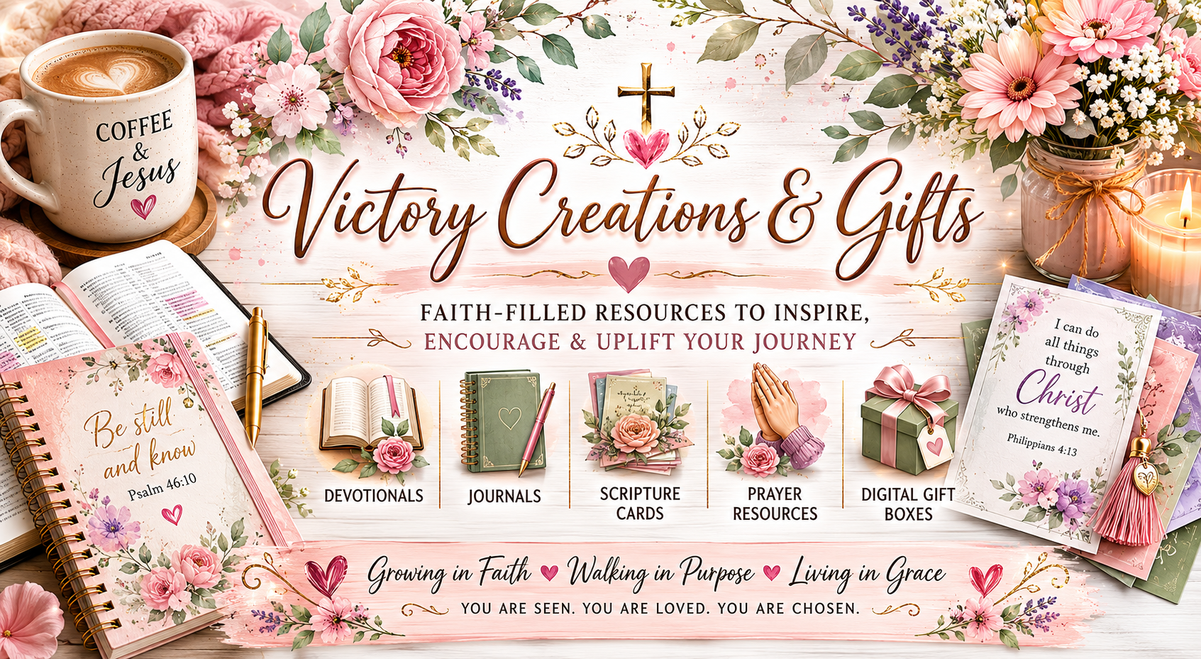 Faith-filled devotionals, journals, scripture cards, prayer resources, and digital gift boxes by Victory Creations & Gifts.