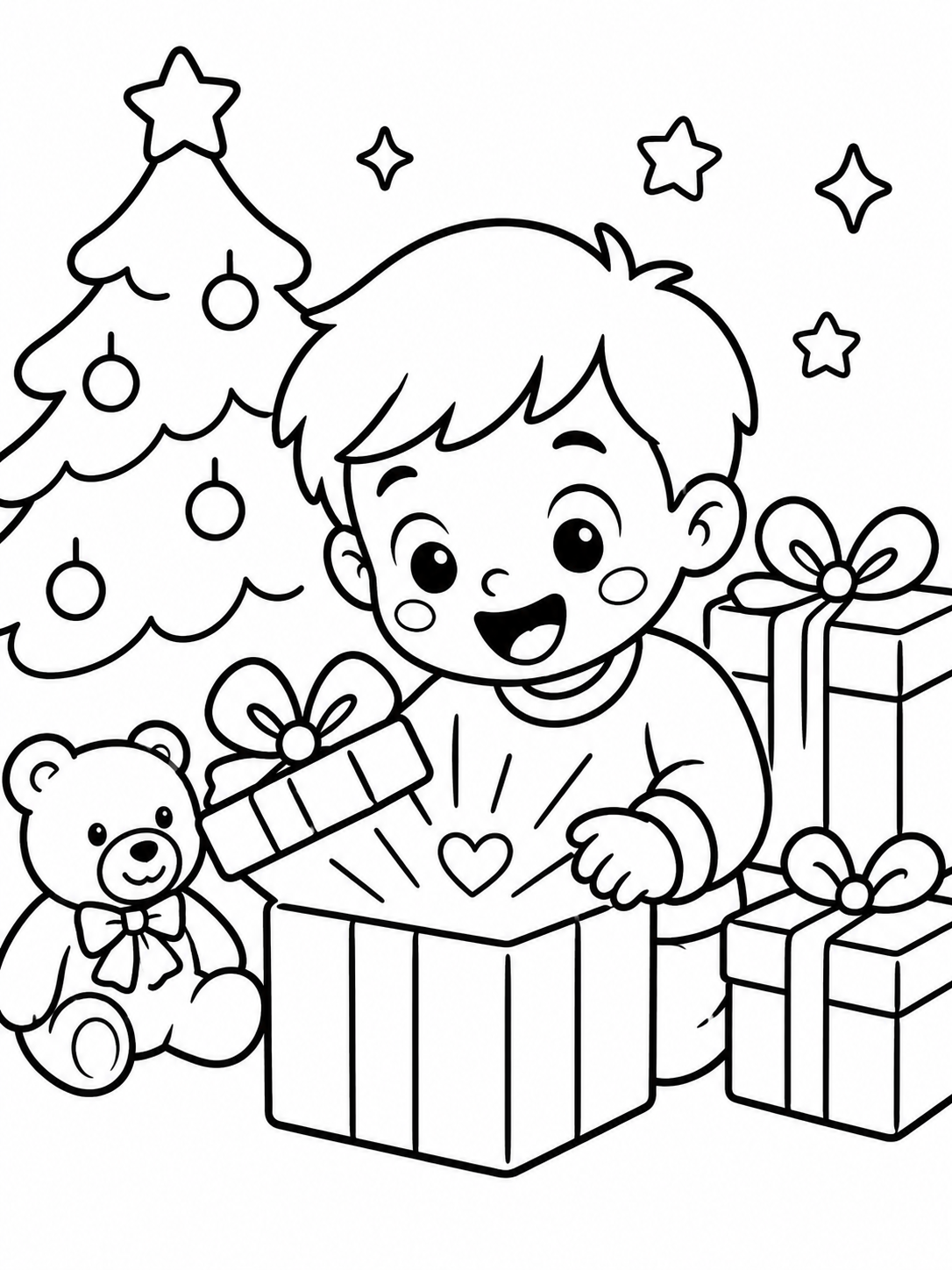 Christmas coloring page for kids showing a child opening presents beside a decorated tree
