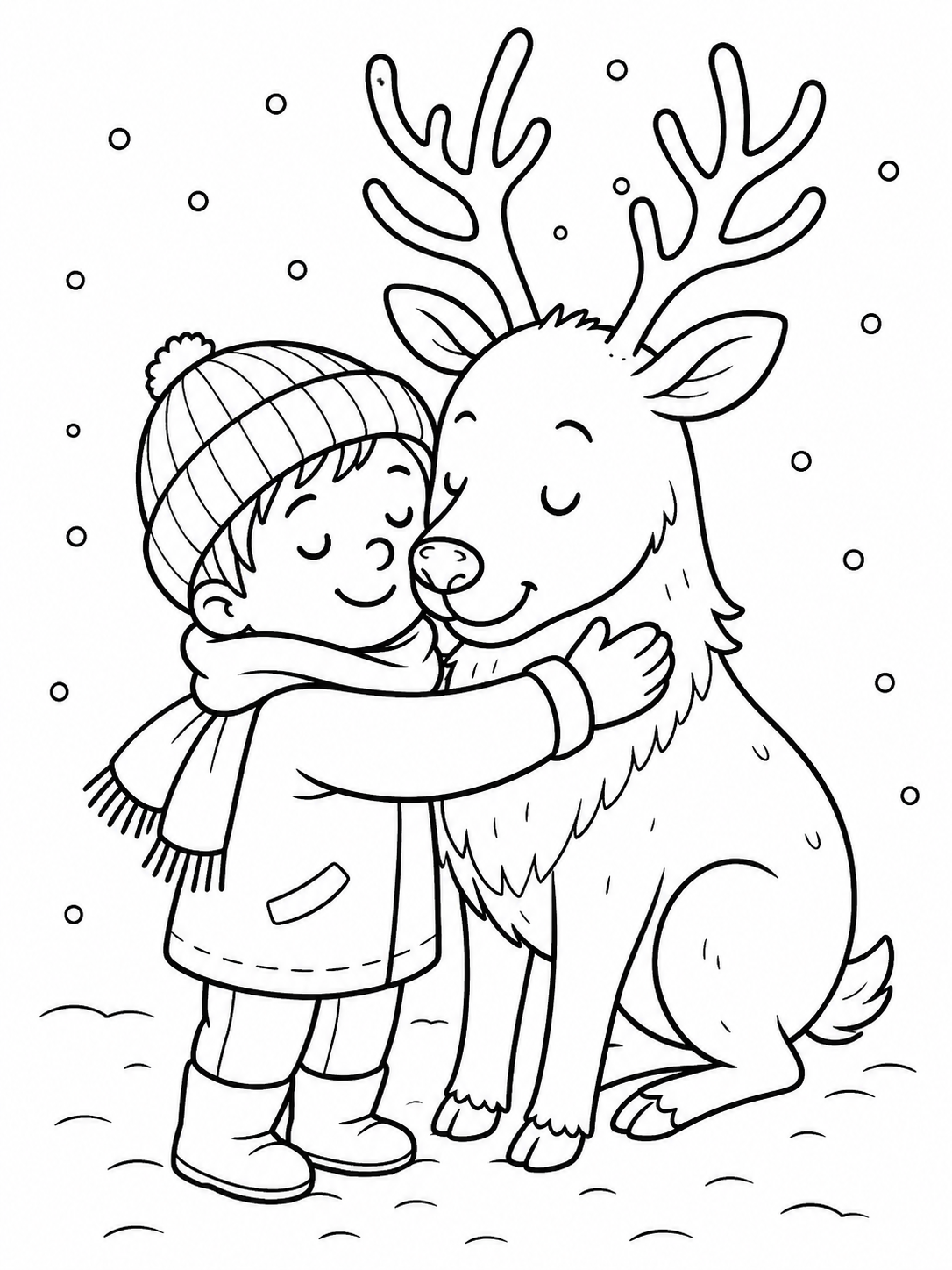 Christmas coloring page for kids showing a child hugging a friendly reindeer in winter