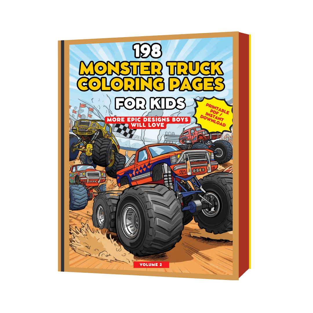 198 monster truck illustrations, New designs from Volume 1, Suitable for ages 4-12, Print and reuse anytime, Instant PDF download
