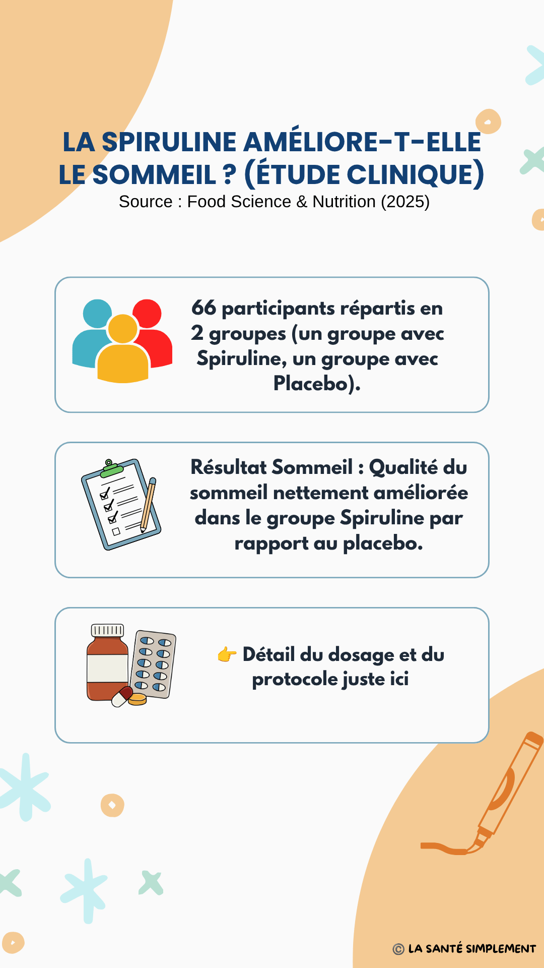 Infographie scientifique résumant l'impact de la spiruline sur la qualité du sommeil et la réduction de la fatigue selon une étude clinique