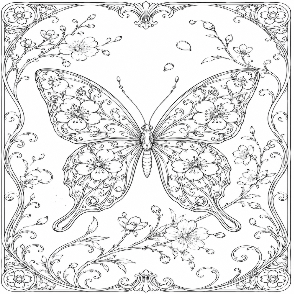 Black and white butterfly coloring page with detailed wings, flowers, leaves and ornamental botanical border.