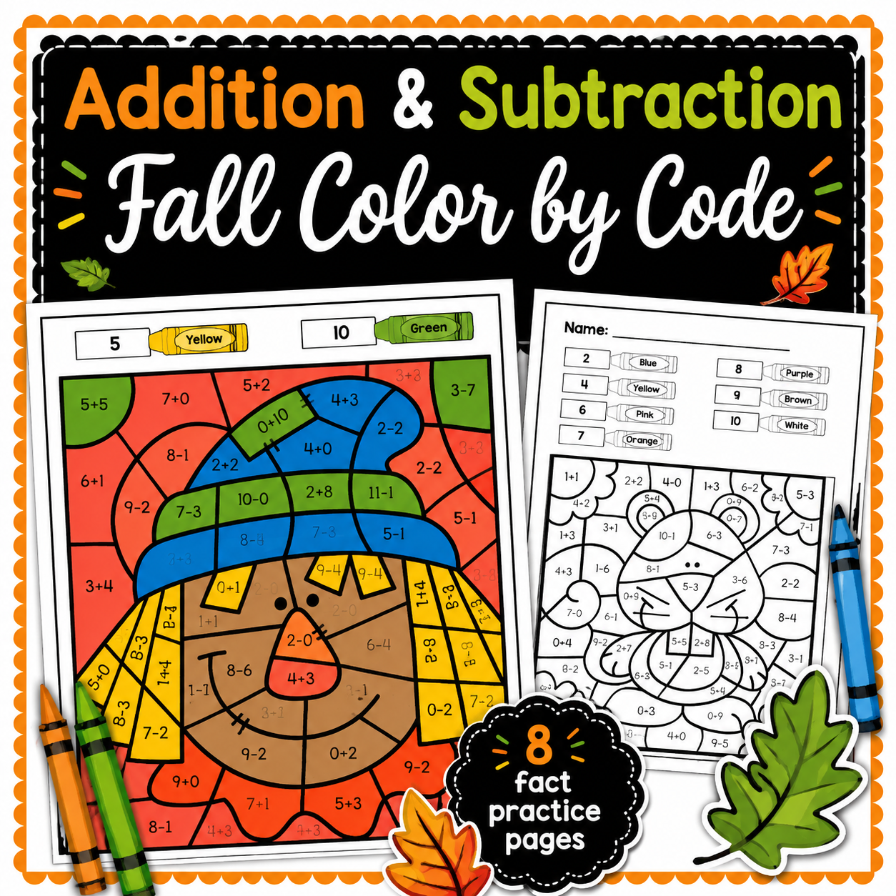 Fall Color-by-Code | Addition & Subtraction Facts Math Worksheets
