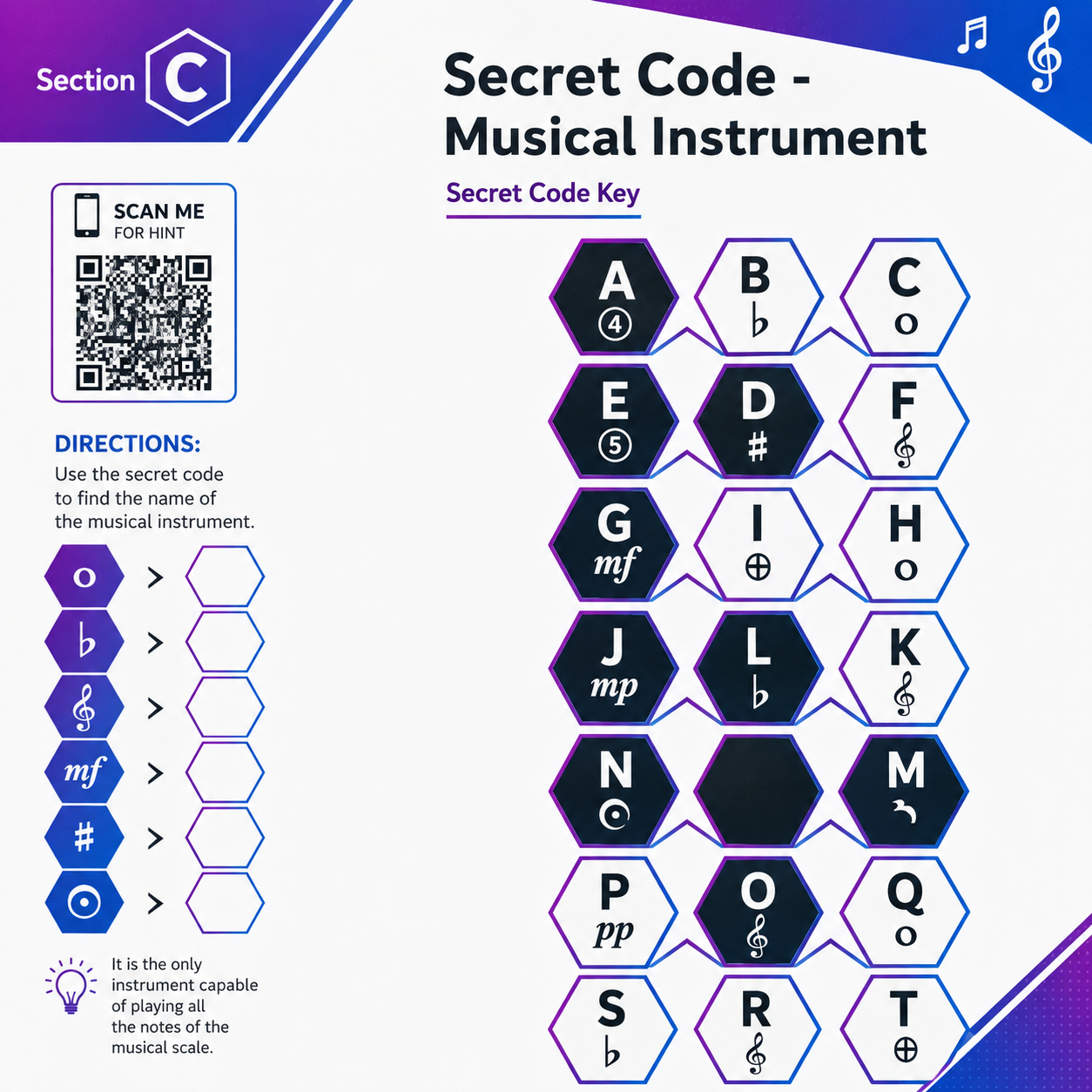 Secret Code: Musical Instruments Series | Music Classroom Worksheets & Activities