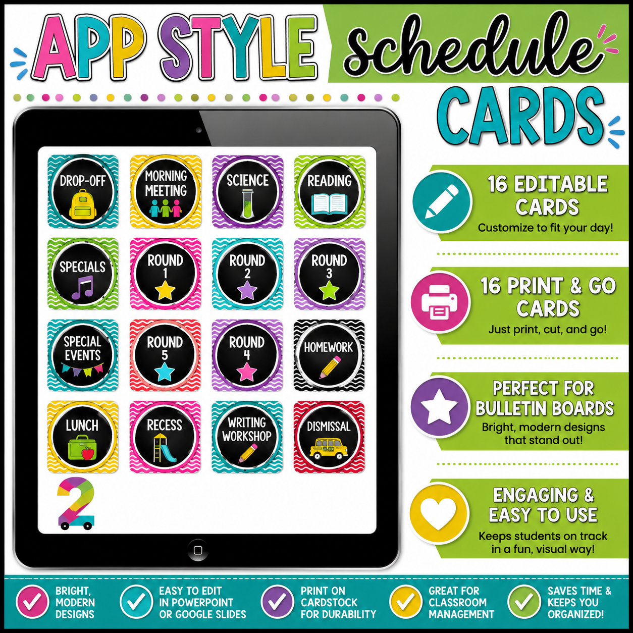 Editable App-Style Schedule Cards | Chevron & Chalkboard Classroom Theme