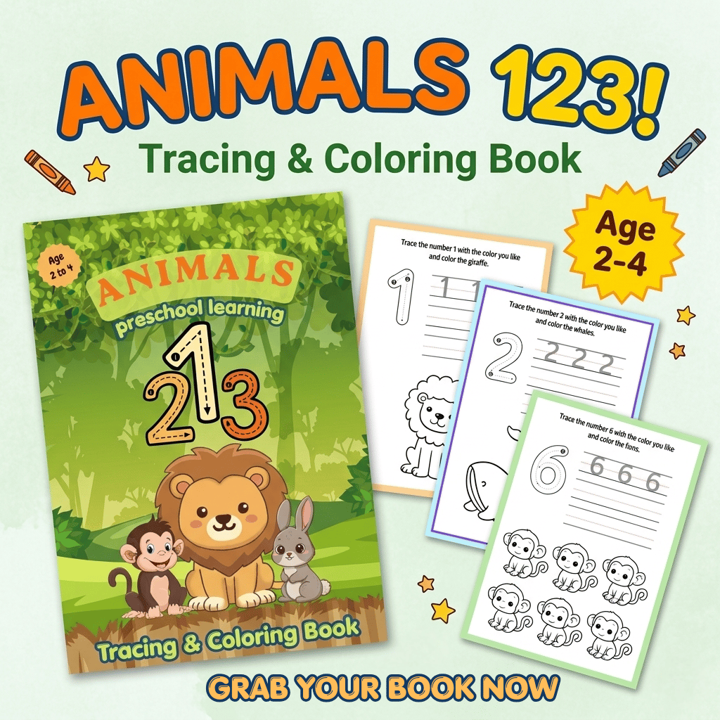 A bright and colorful promotional thumbnail showcasing a digital children's workbook cover titled "ANIMALS 123 Preschool Learning Tracing & Coloring Book" next to three sample printable worksheets featuring number tracing and cute animal coloring pages.