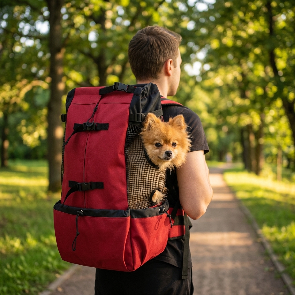 Small dog peeking out from Red Dog Carrier Backpack person walking in park travel bag