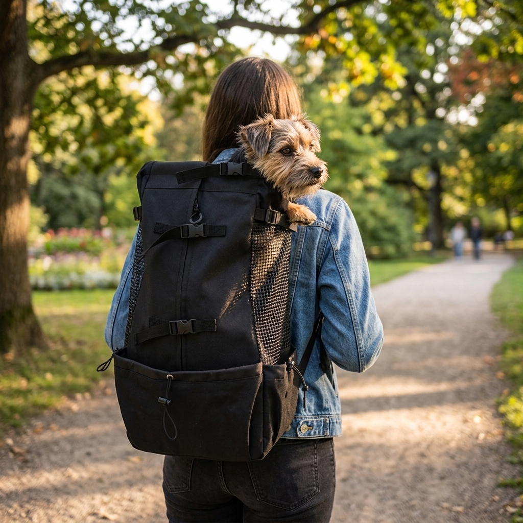 Small dog peeking out from Red Dog Carrier Backpack person walking in park travel bag