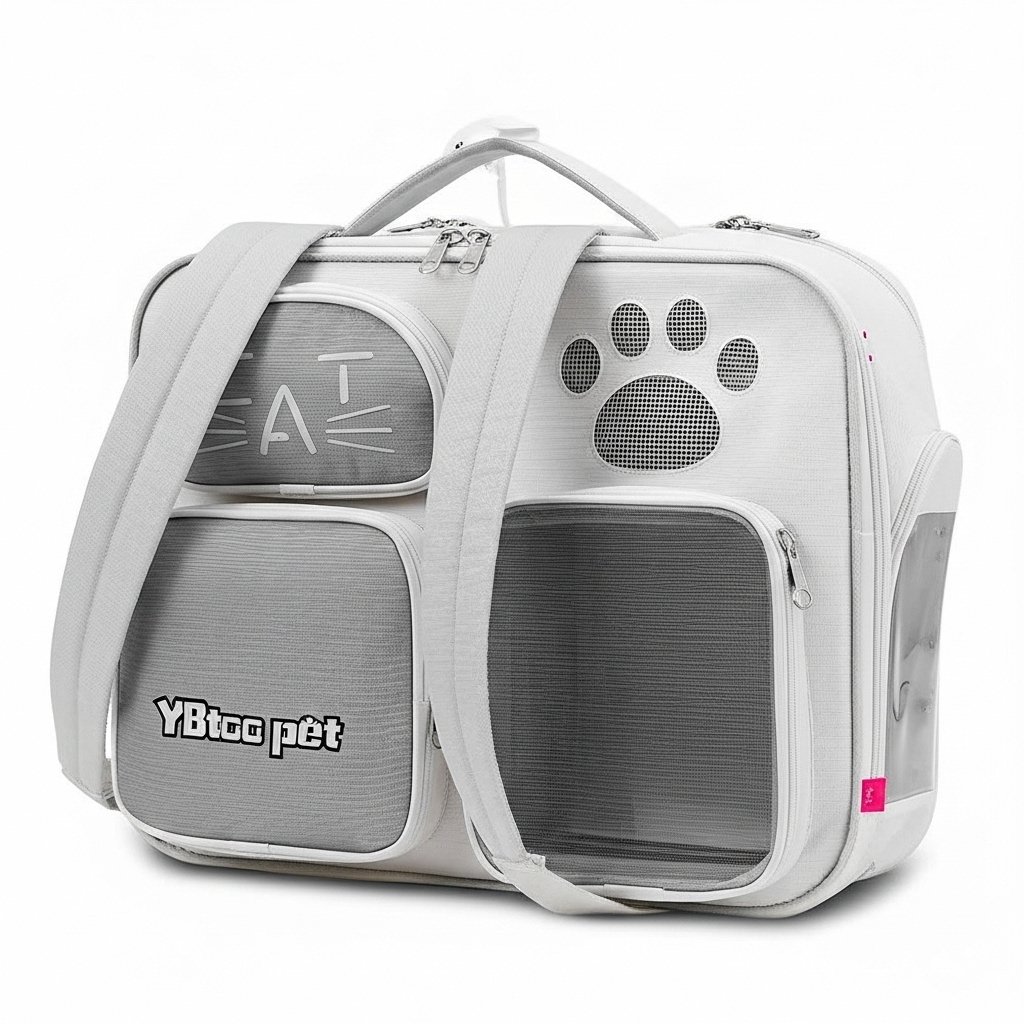 Portable Pet Messenger Bag in Gray front view shoulder carrier for cats and small dogs on white background