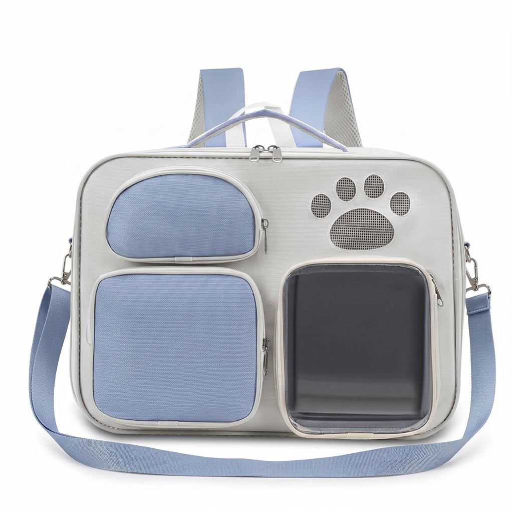 Small dog peeking out from Yellow Portable Pet Messenger Bag front paws on edge happy expression park background