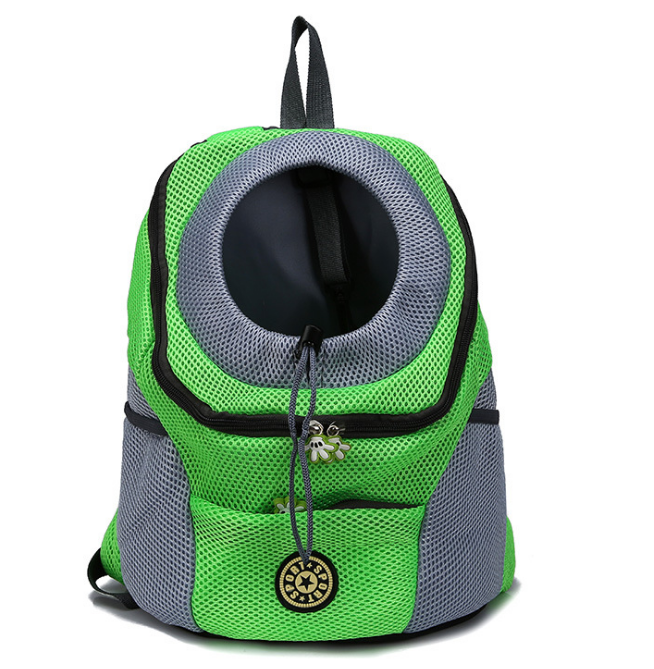 Pet Shoulder Bag in Green front view portable chest backpack for cats and small dogs on white background