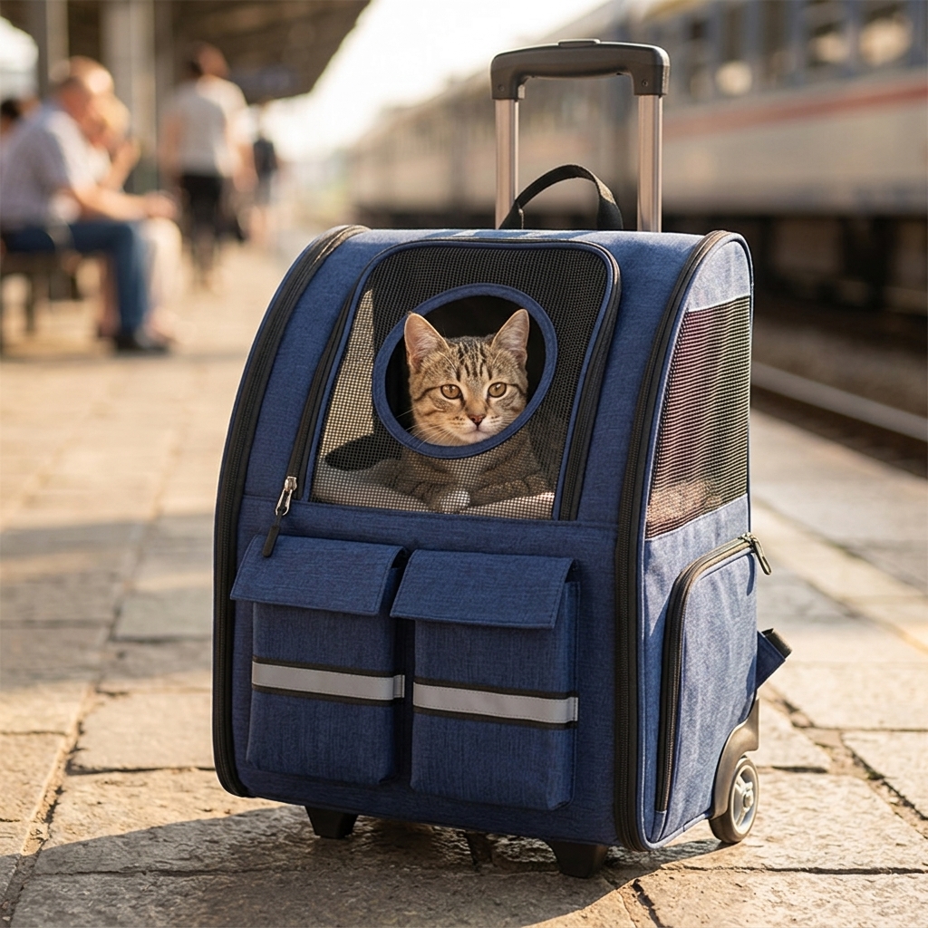 Pull Rod Pet Bag in Gray with wheels extended and retractable handle foldable travel carrier for cats and small dogs on white background