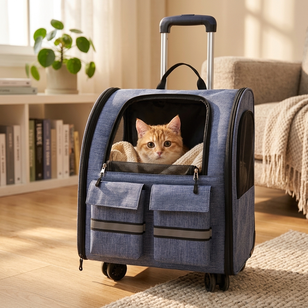 Small cat sitting inside Blue Pull Rod Pet Bag head through breathable mesh wheels extended ready for travel home setting