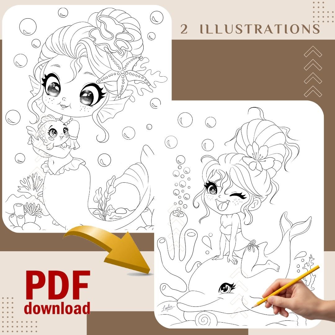 Murmures de l’Océan – Pack de 2 Sirènes à Colorier | Pages à Colorier Adultes & Enfants | Illustration Sirène PDF | Coloriage Océan Fantaisie