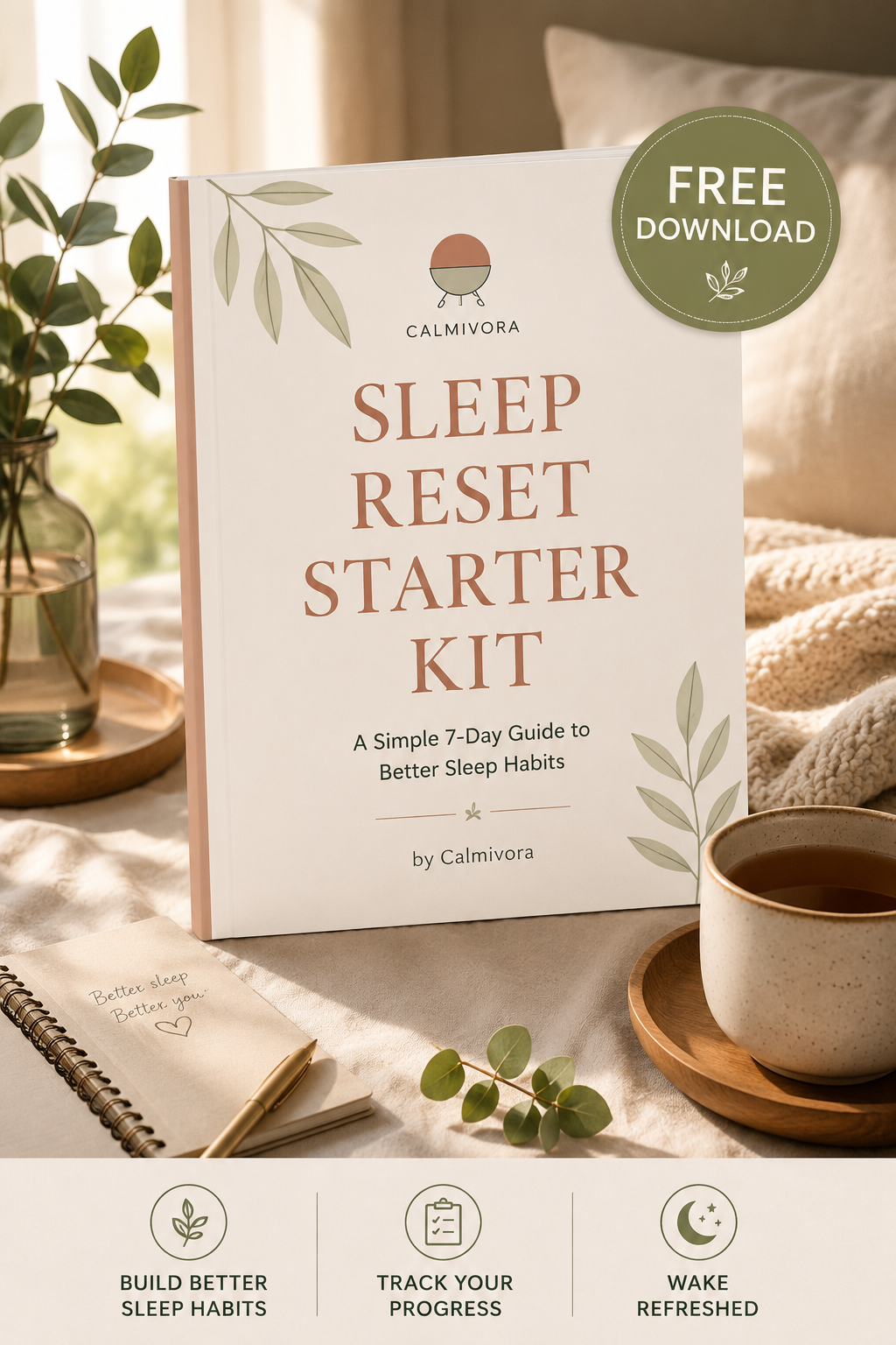 Free Sleep Reset Starter Kit printable workbook by Calmivora featuring a 7-day sleep improvement planner, sleep assessment worksheets, and healthy bedtime routine tracker.