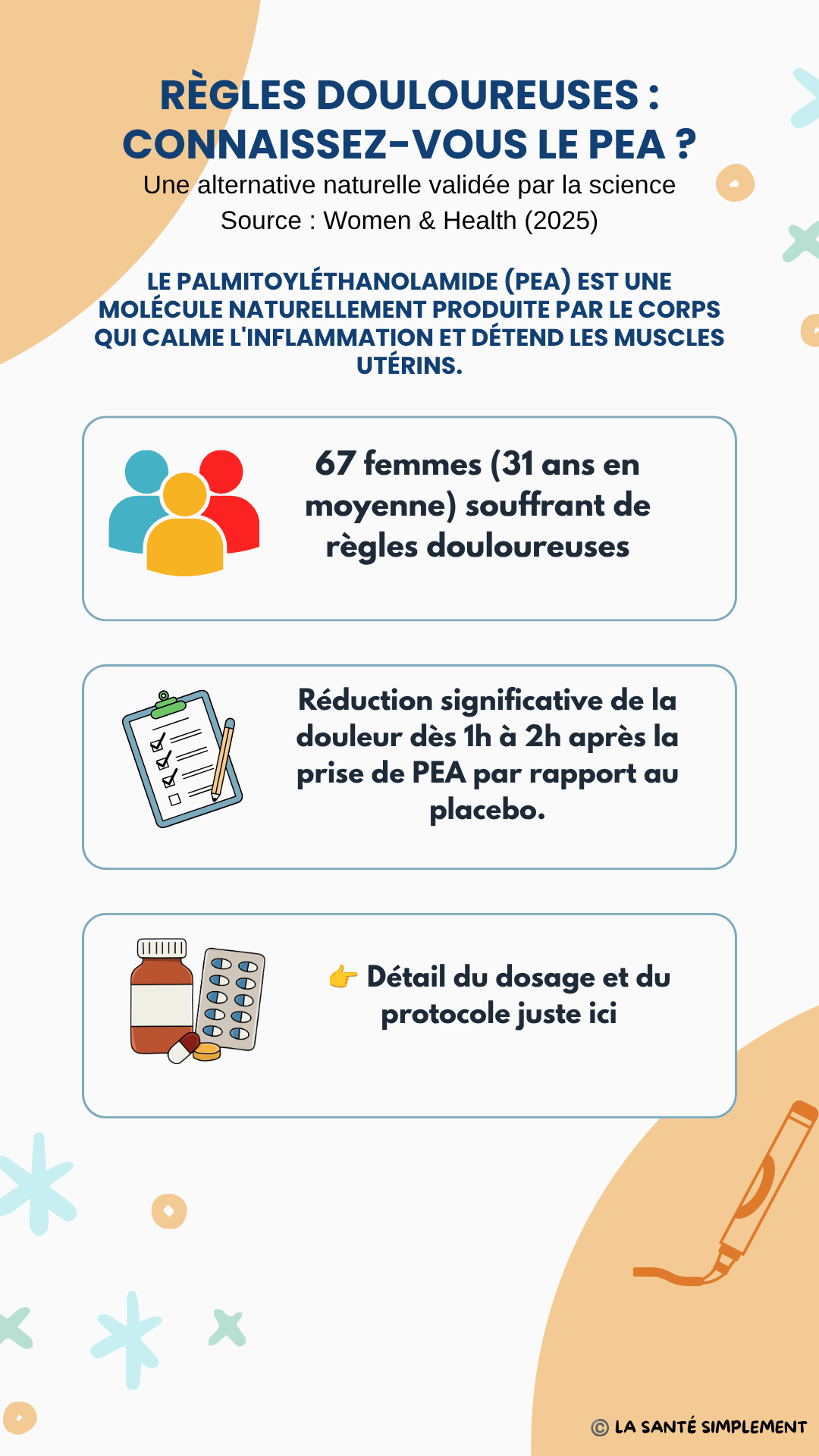 Infographie scientifique résumant l'étude clinique sur l'efficacité du PEA (palmitoyléthanolamide) pour soulager naturellement les règles douloureuses et l'inflammation.