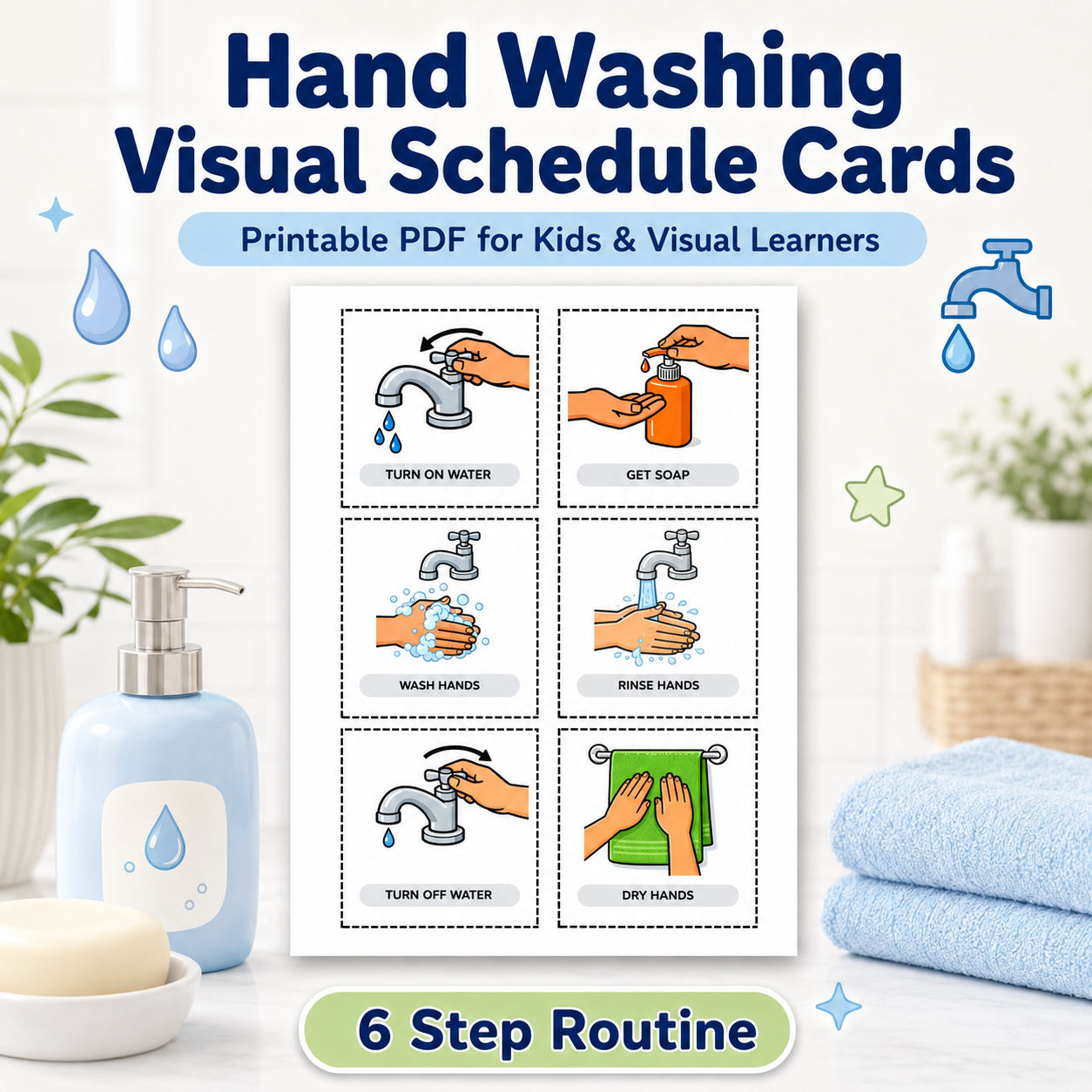 “Hand washing visual schedule cards printable PDF for kids and visual learners.”