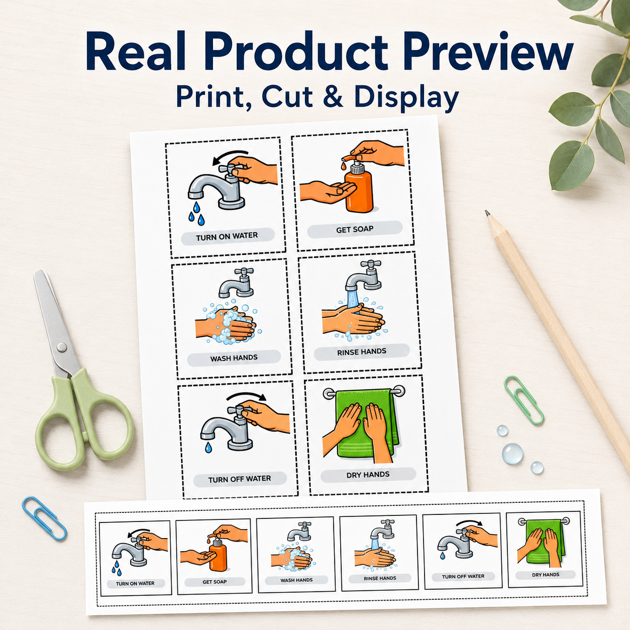“Real preview of printable hand washing routine cards for children.”