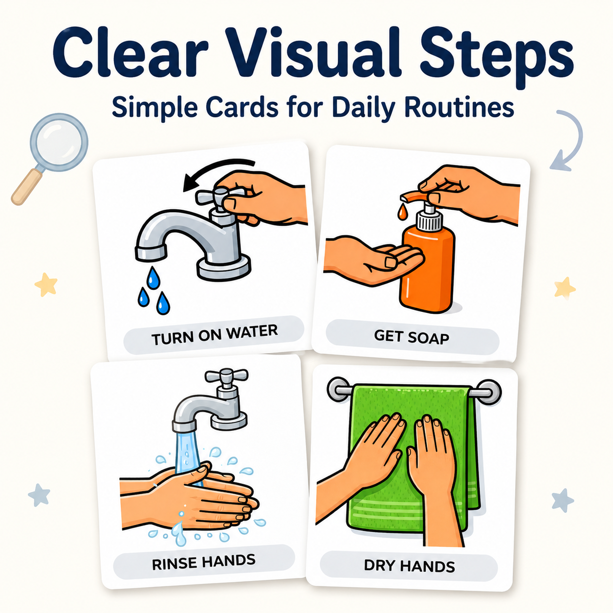 “Close-up of hand washing visual routine cards with simple illustrated steps.”