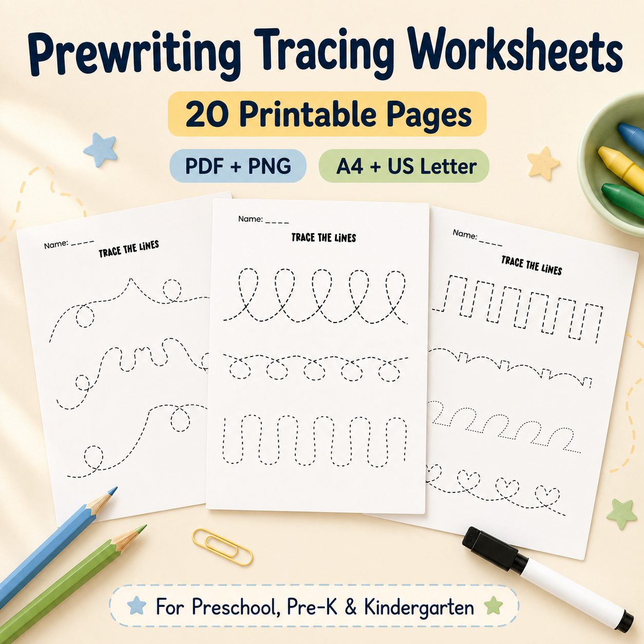 Preschool tracing lines worksheet bundle with sample printable pages, pencils, crayons, and a marker. Text reads “Prewriting Tracing Worksheets” “20 Printable Pages” “PDF + PNG” “A4 + US Letter” and “For Preschool, Pre-K & Kindergarten.”