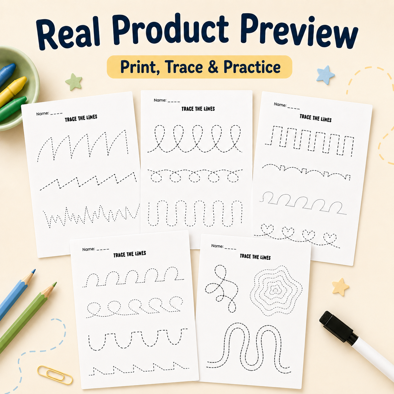 Real product preview of printable tracing lines practice pages with dashed paths, loops, zigzags, waves, hearts, and a spiral activity. Text reads “Real Product Preview” “Print, Trace & Practice” and “TRACE THE LINES.”