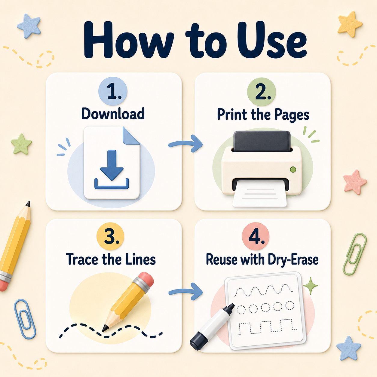 How to use graphic for tracing lines worksheets with four illustrated steps for downloading, printing, tracing, and reusing with a dry erase marker. Text reads “How to Use” “1. Download” “2. Print the Pages” “3. Trace the Lines” and “4. Reuse with Dry-Era