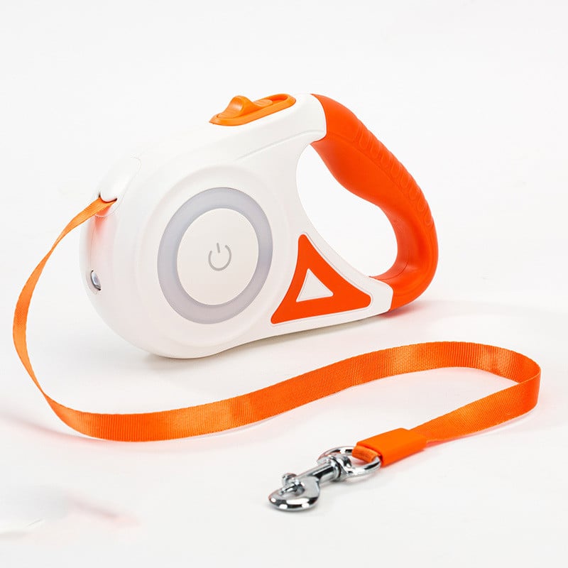 Retractable leash for dogs and cats in Orange 3m front view with brake button on white background