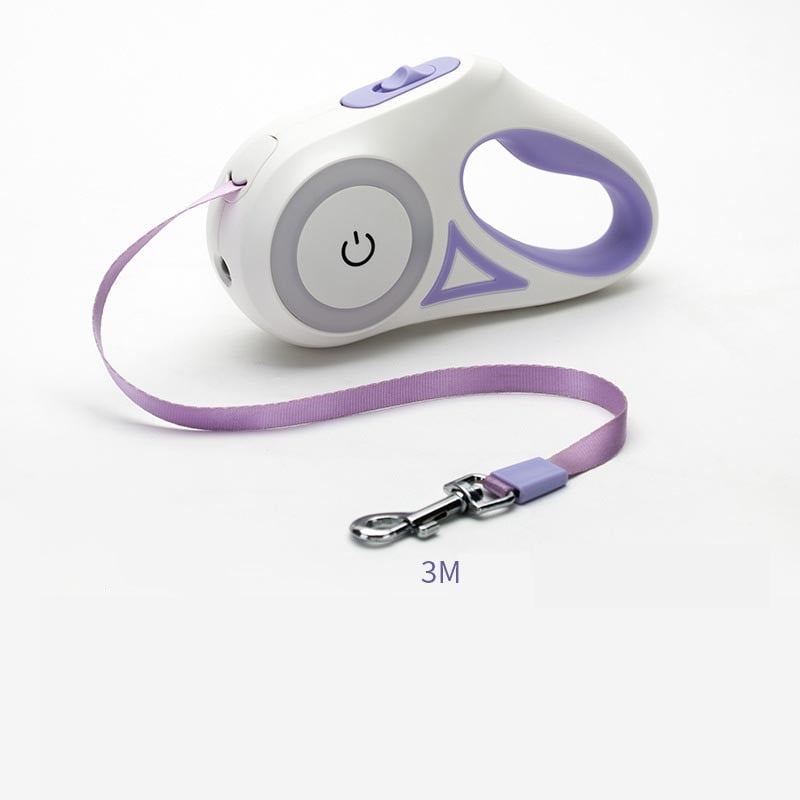 Retractable leash for dogs and cats in Purple 3m front view with brake button on white background