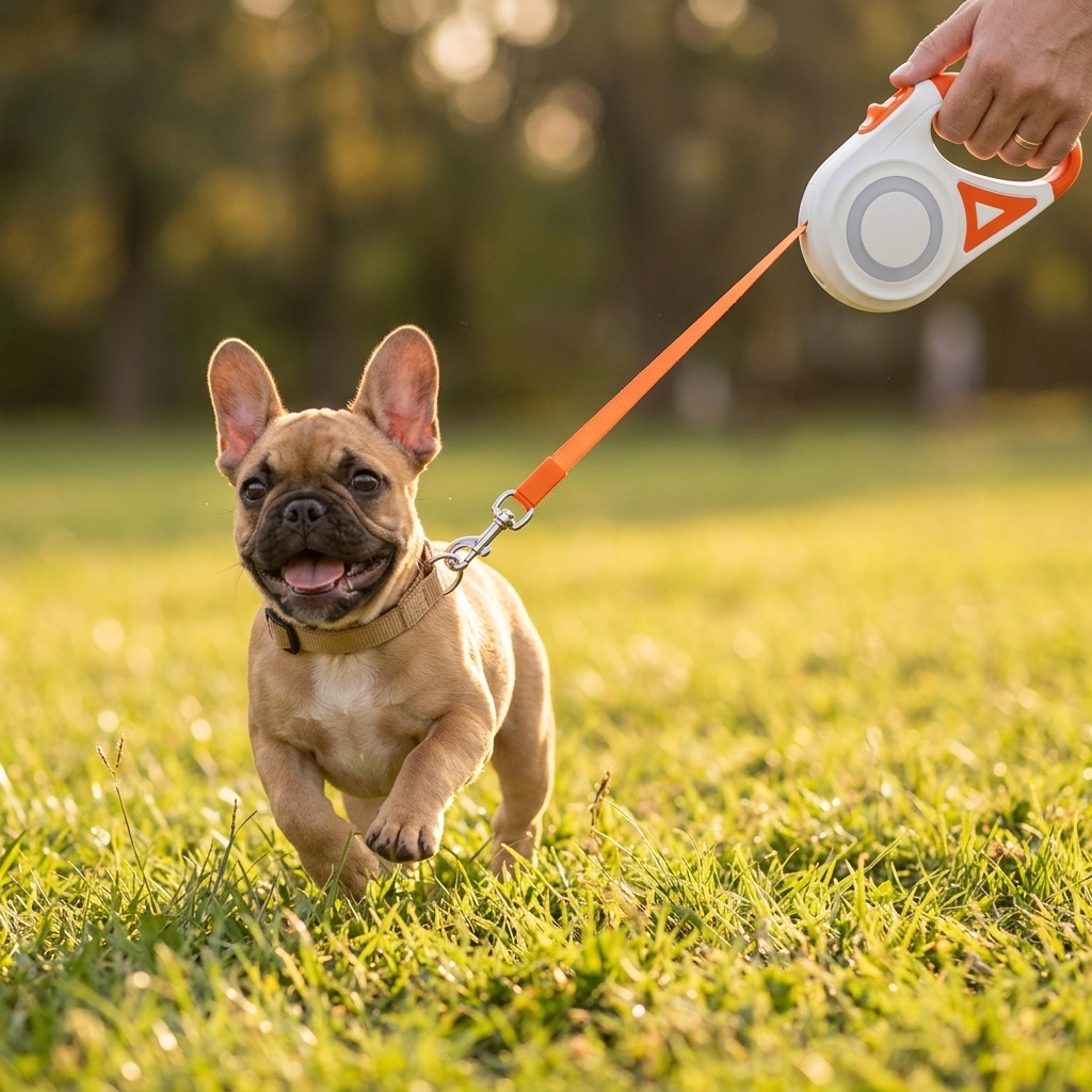 Beagle dog sniffing ground with orange retractable leash attached owner hand visible