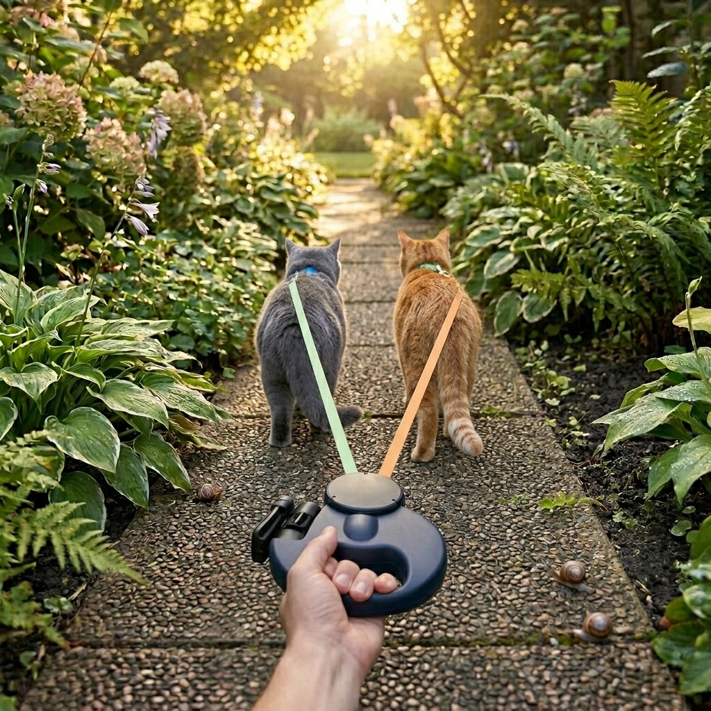Two cats orange tabby and gray British shorthair walking on garden path with Dual Retractable Leash in Blue
