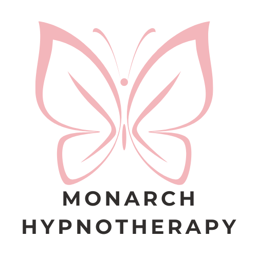 Pale pink Butterfly Icon with the words 'Monarch Hypnotherapy' beneath it.