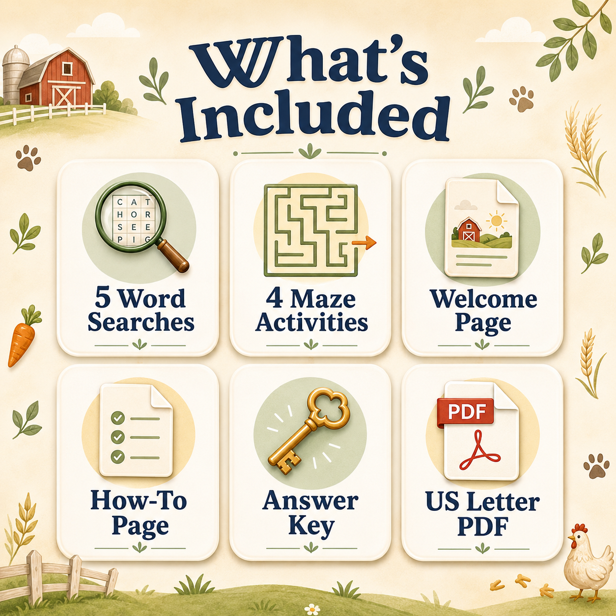 Farm animal activity book contents graphic titled "What’s Included" with a barn leaves paw prints a carrot a chicken and six cards. Cards read "5 Word Searches" with a puzzle showing "CAT HOR SEE PIG". "4 Maze Activities". "Welcome Page". "How-To Page". "