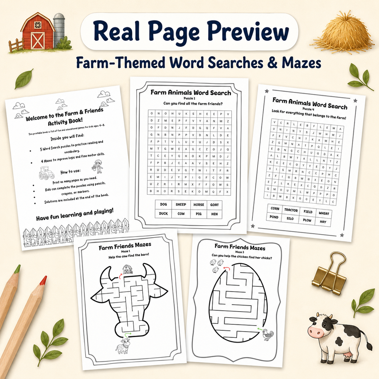 "Real Page Preview" graphic for a farm animals activity book with "Farm-Themed Word Searches & Mazes". Printable pages show "Welcome to the Farm & Friends Activity Book!" plus "Farm Animals Word Search" pages with dog sheep horse goat duck cow pig hen cor