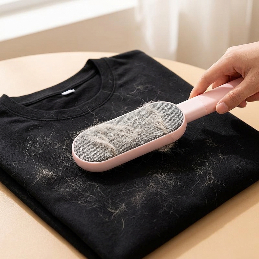 Hand holding Double-Sided Pet Hair Remover Brush in Blue self-cleaning action wiping collected hair