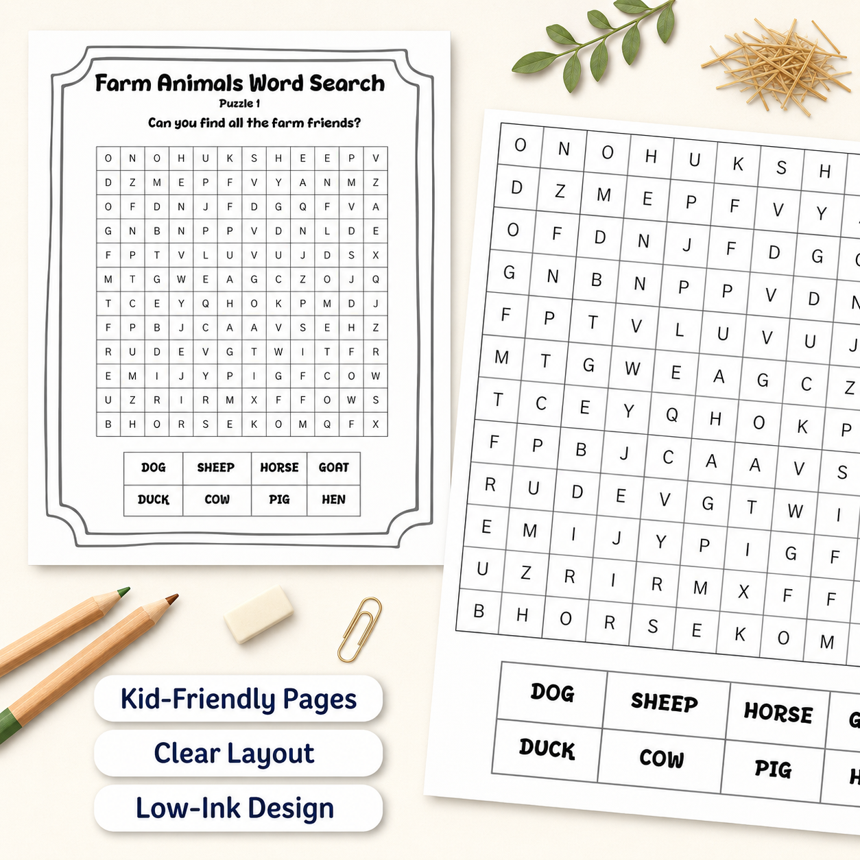 Printable farm animals activity book preview showing a low ink word search worksheet. Visible text reads "Farm Animals Word Search" "Puzzle 1" "Can you find all the farm friends?" "DOG" "SHEEP" "HORSE" "GOAT" "DUCK" "COW" "PIG" "HEN" "Kid-Friendly Pages" 