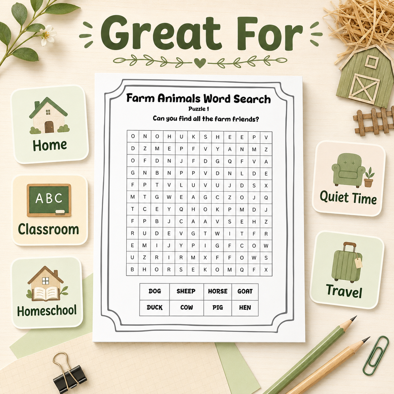 Great For graphic promoting a farm animals activity book with a printable word search worksheet and cards for "Home" "Classroom" "Homeschool" "Quiet Time" and "Travel". The worksheet reads "Farm Animals Word Search" "Puzzle 1" "Can you find all the farm f